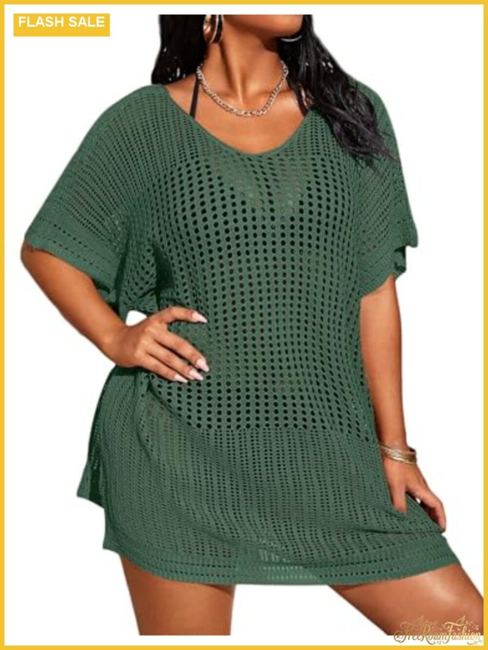 Plus Size Knit Cover Up Short Sleeve Hollow Out Swimwear Beach Bathing Suit